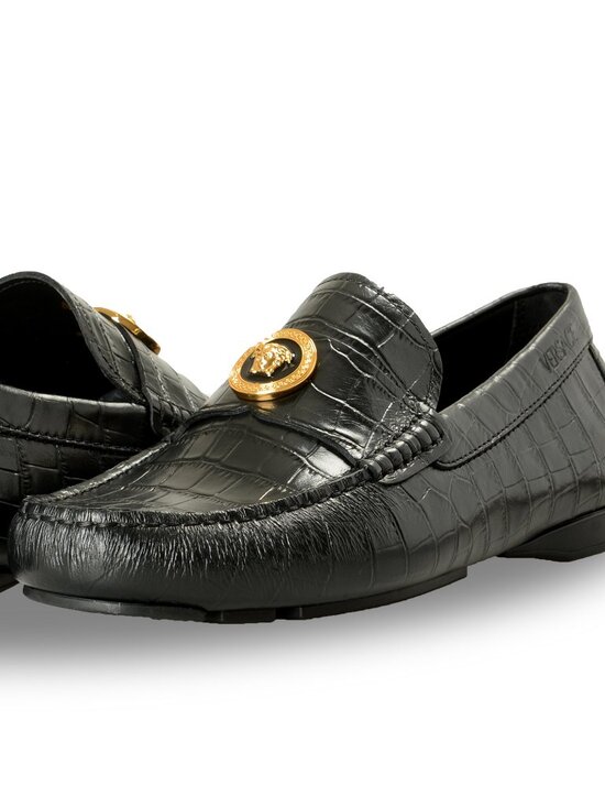 Versace Men\'s Black Leather Croc Print Medusa Driver Loafers Shoes US 8 IT 41